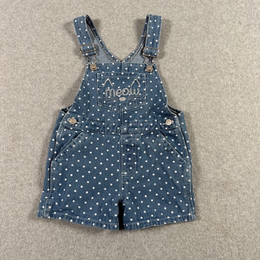 My Destiny Girls Blue Polka Dot Denim Shortalls Meow Cat Bib Overalls Size 5/6